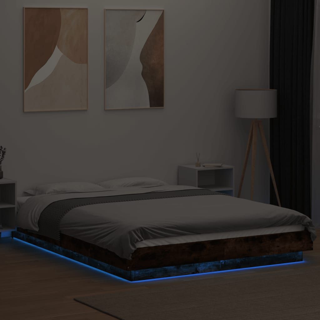 Sengeramme med LED-lys røkt eik 120x190 cm konstruert tre
