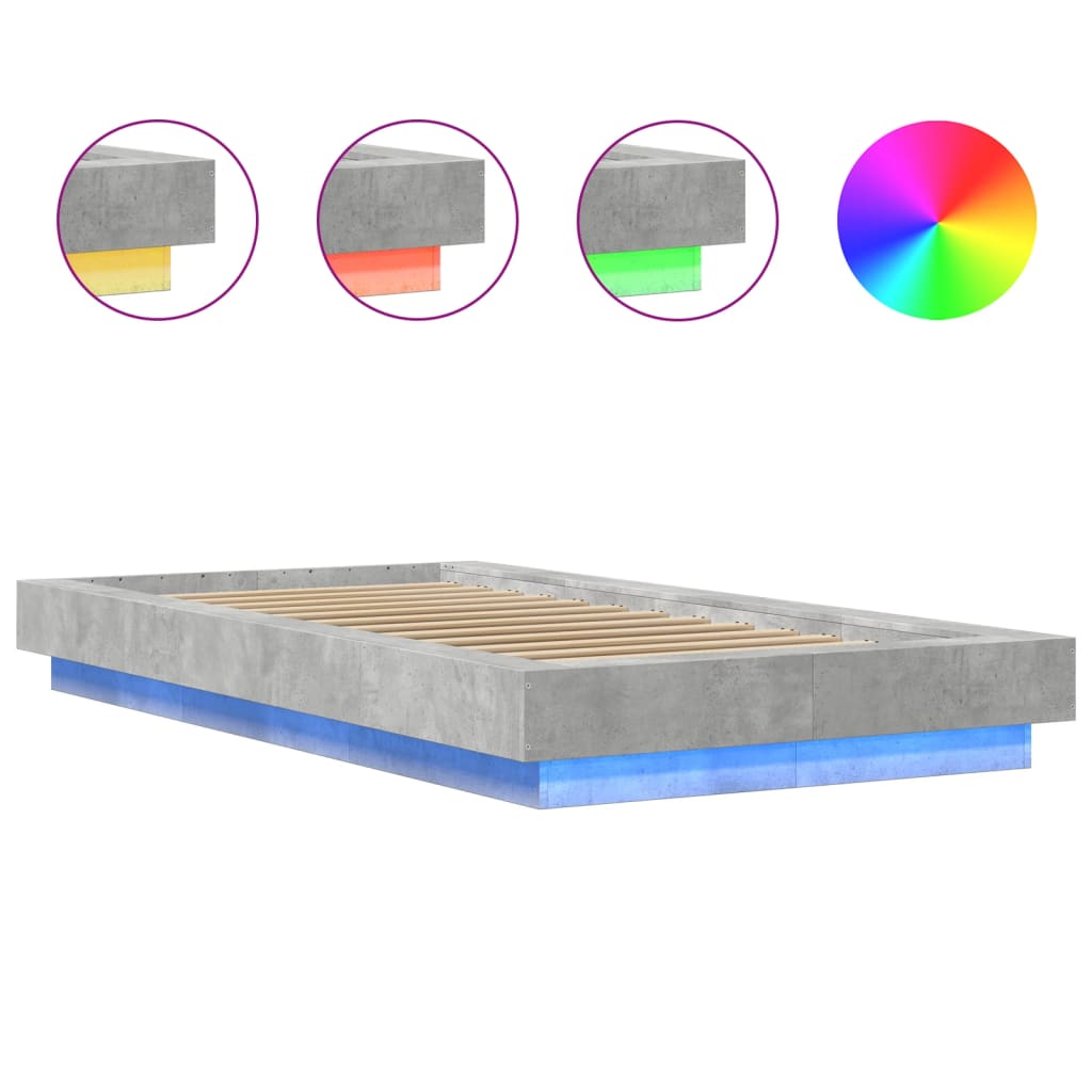 Sengeramme med LED-lys betonggrå 90x190 cm konstruert tre