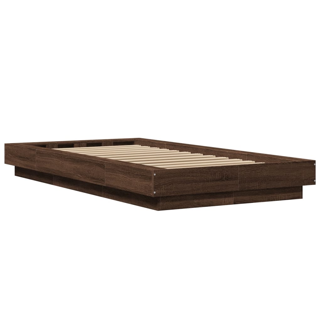 Sengeramme med LED-lys brun eik 90x190 cm konstruert tre