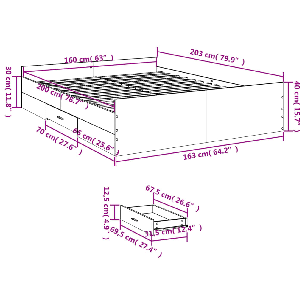 Sengeramme med skuffer sonoma eik 160x200 cm konstruert tre