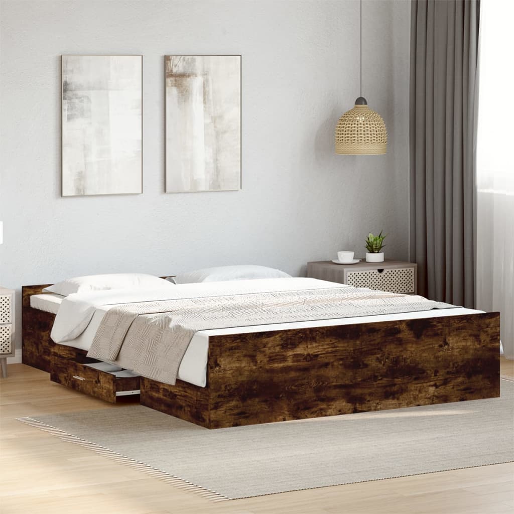 Sengeramme med skuffer røkt eik 150x200 cm konstruert tre