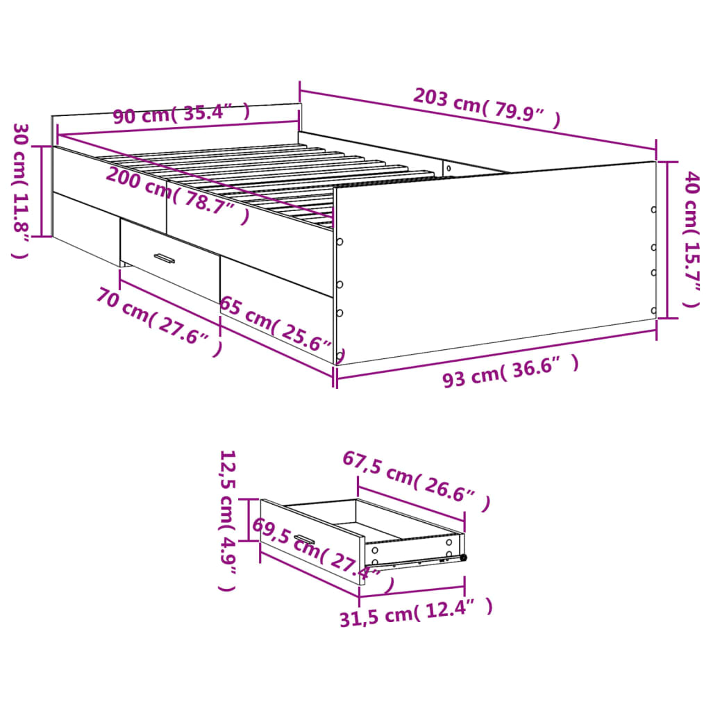 Sengeramme med skuffer hvit 90x200 cm konstruert tre