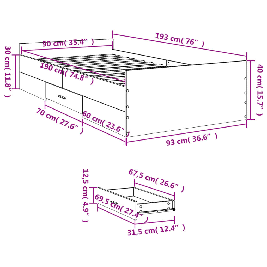 Sengeramme med skuffer sonoma eik 90x190 cm konstruert tre