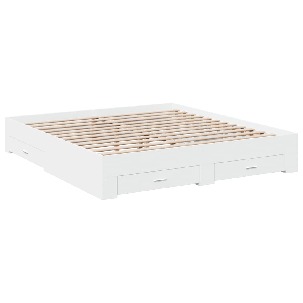 Sengeramme med skuffer hvit 200x200 cm konstruert tre