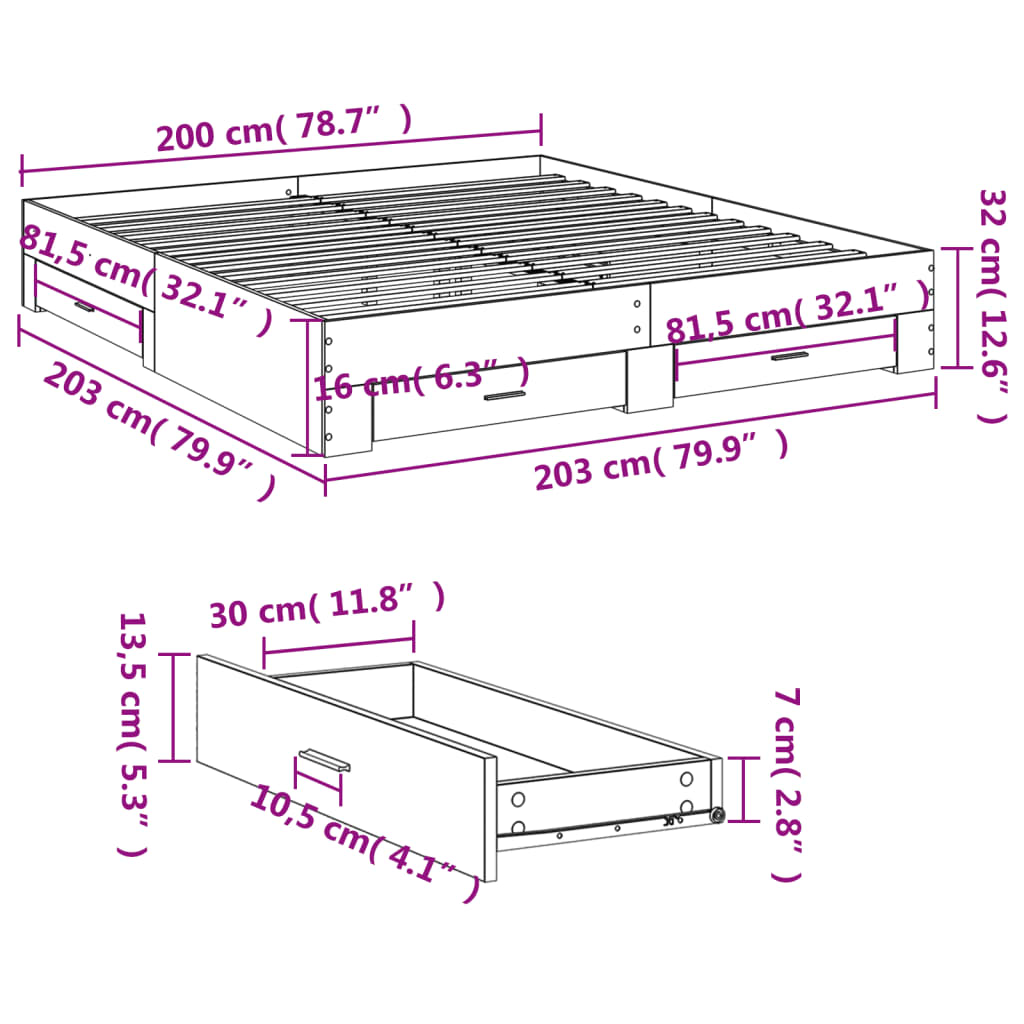Sengeramme med skuffer røkt eik 200x200 cm konstruert tre