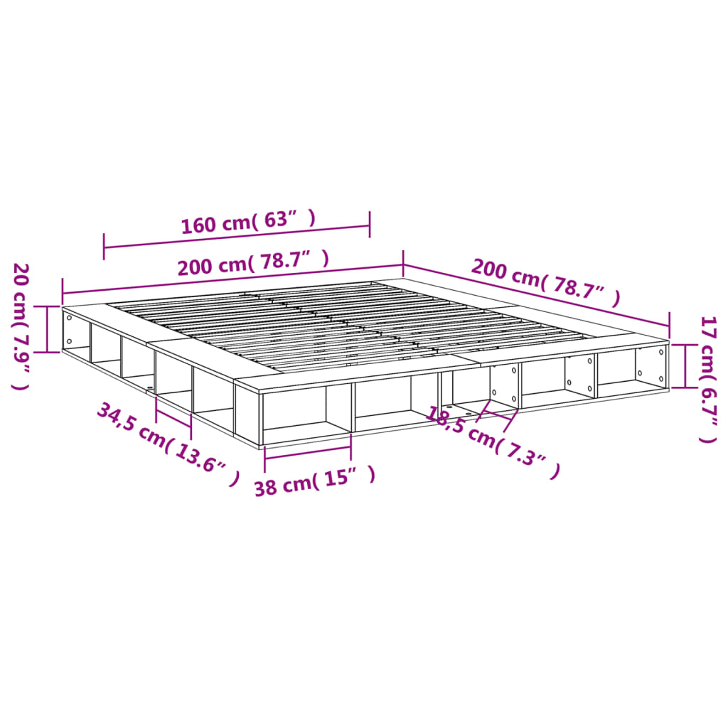 Sengeramme grå sonoma 200x200 cm konstruert tre