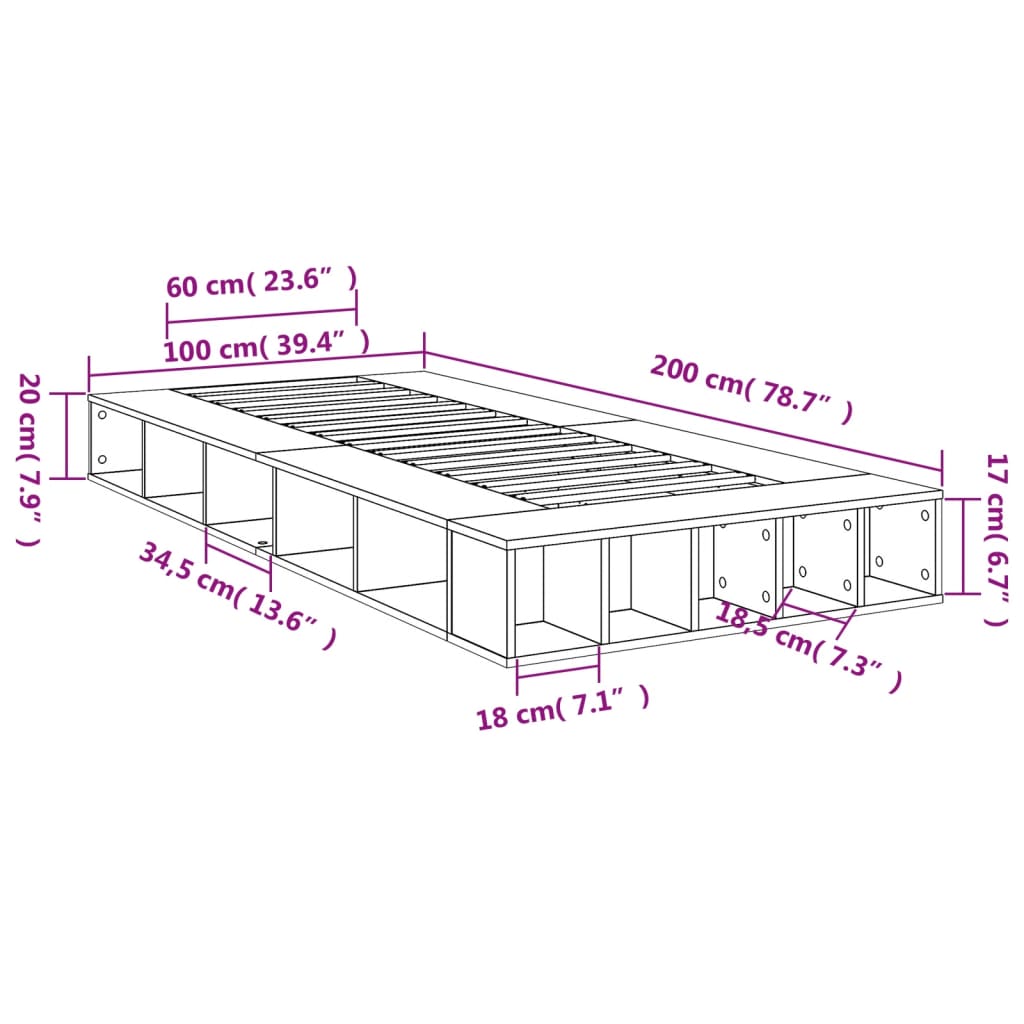 Sengeramme grå sonoma 100x200 cm konstruert tre