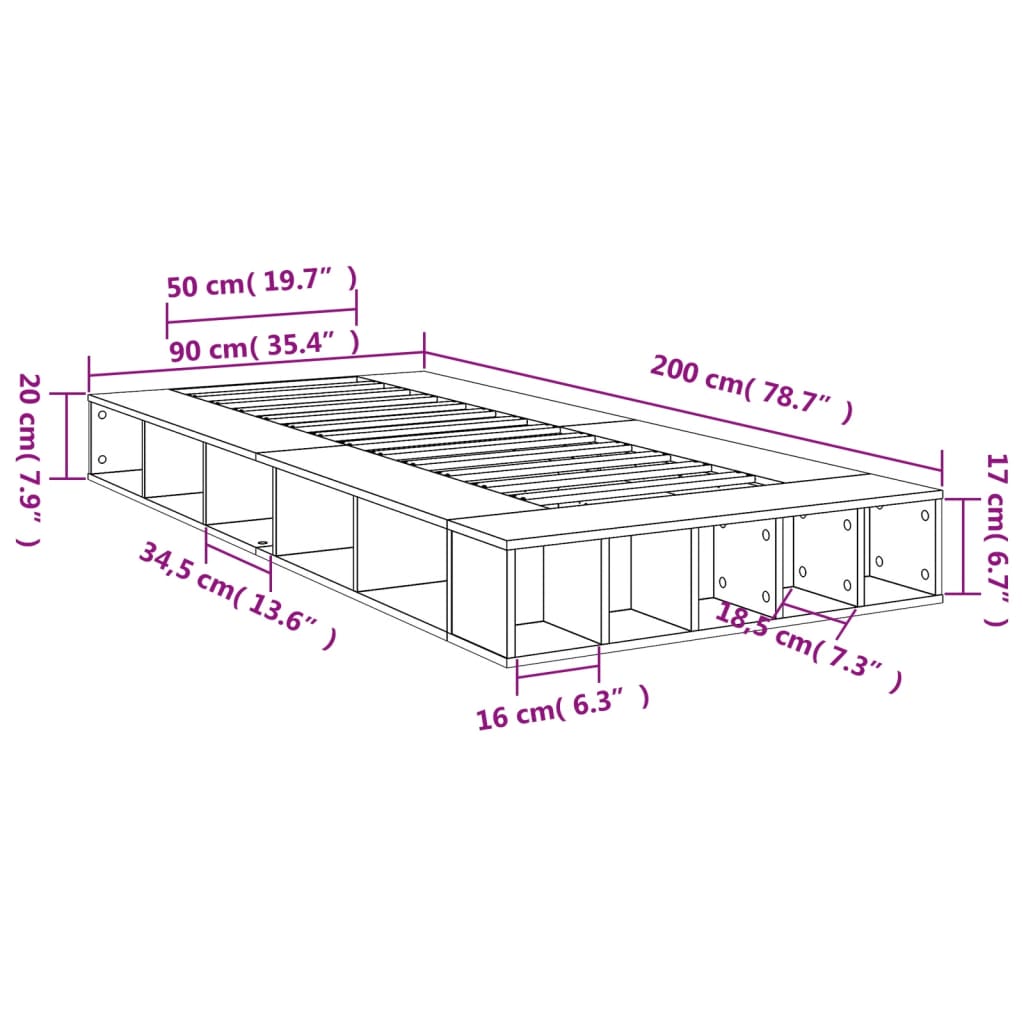 Sengeramme grå sonoma 90x200 cm konstruert tre