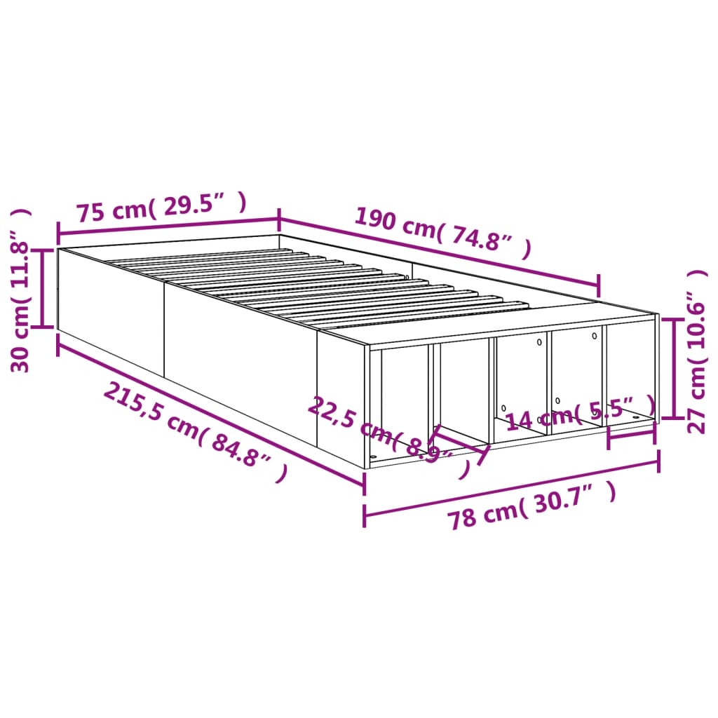 Sengeramme hvit 75x190 cm konstruert tre