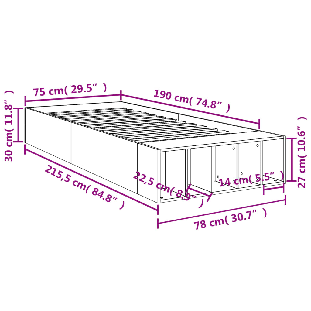 Sengeramme brun eik 75x190 cm konstruert tre