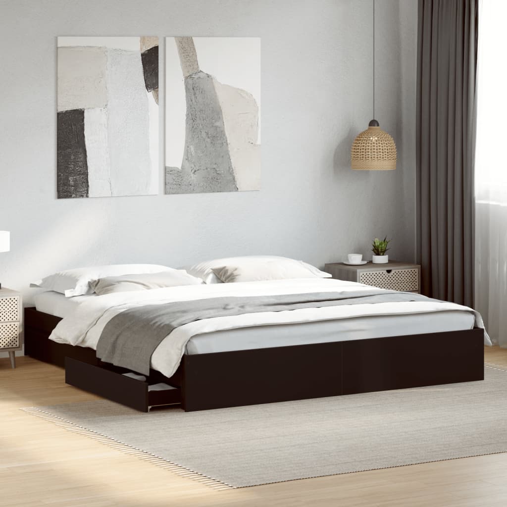 Sengeramme med skuffer svart 200x200 cm konstruert tre
