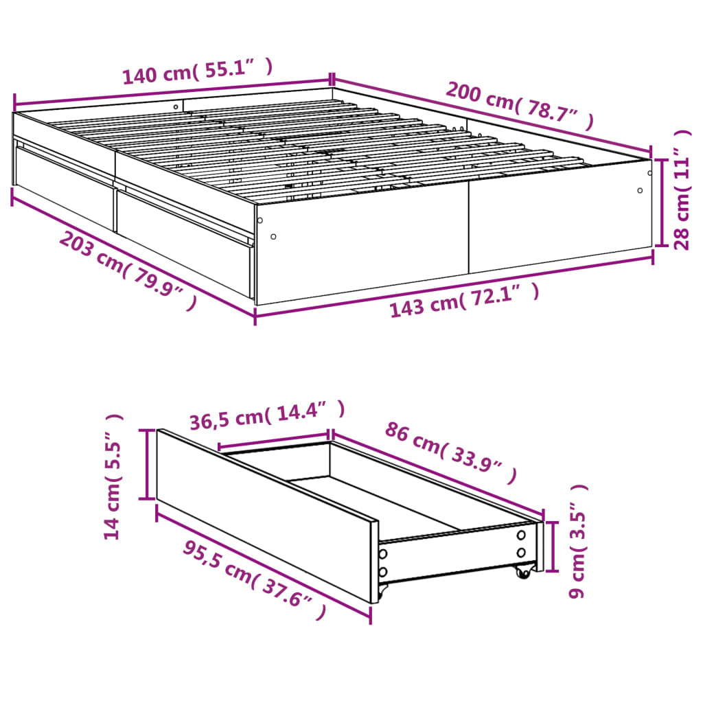 Sengeramme med skuffer sonoma eik 140x200 cm konstruert tre