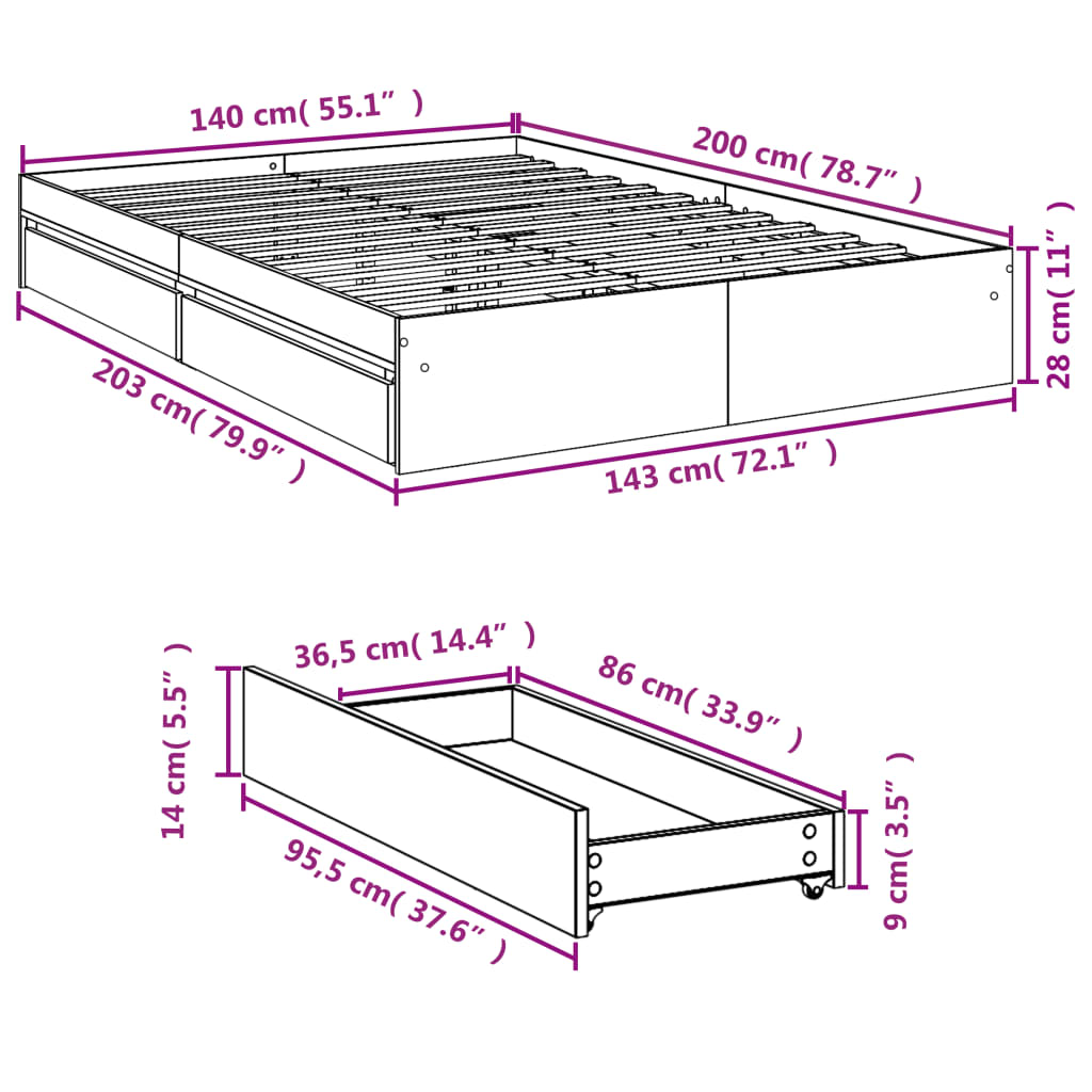 Sengeramme med skuffer røkt eik 140x200 cm konstruert tre