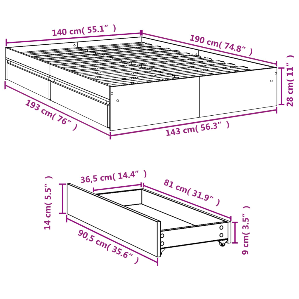 Sengeramme med skuffer grå sonoma 140x200 cm konstruert tre