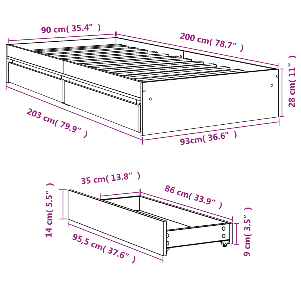 Sengeramme med skuffer røkt eik 90x200 cm konstruert tre