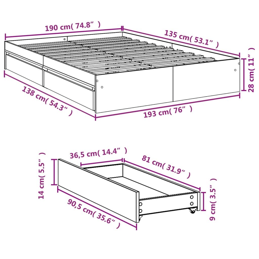 Sengeramme med skuffer hvit 135x190 cm konstruert tre