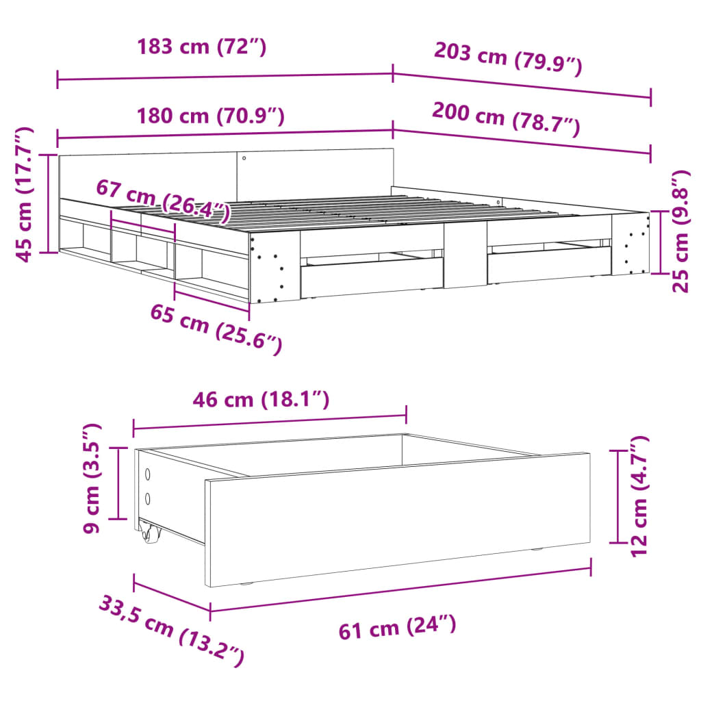 Sengeramme med skuffer hvit 180x200 cm konstruert tre
