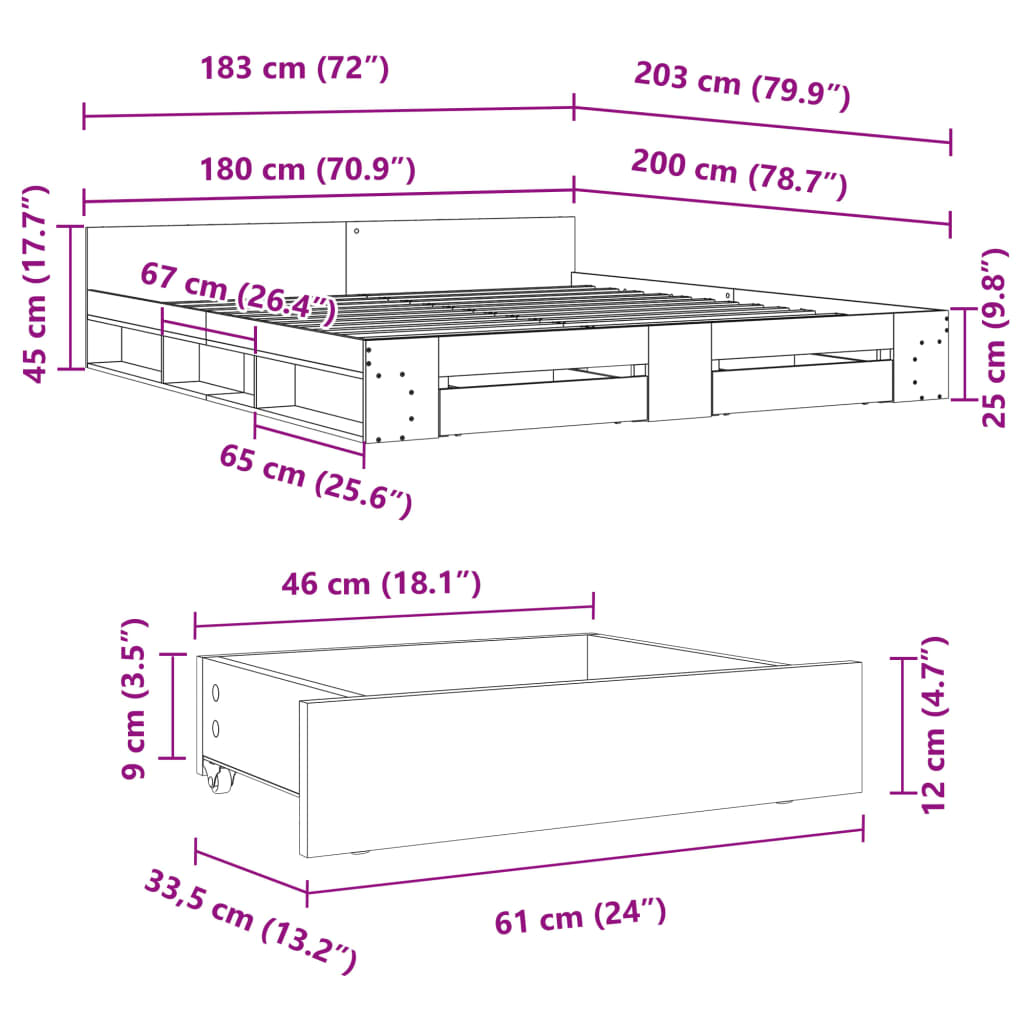 Sengeramme med skuffer betonggrå 180x200 cm konstruert tre