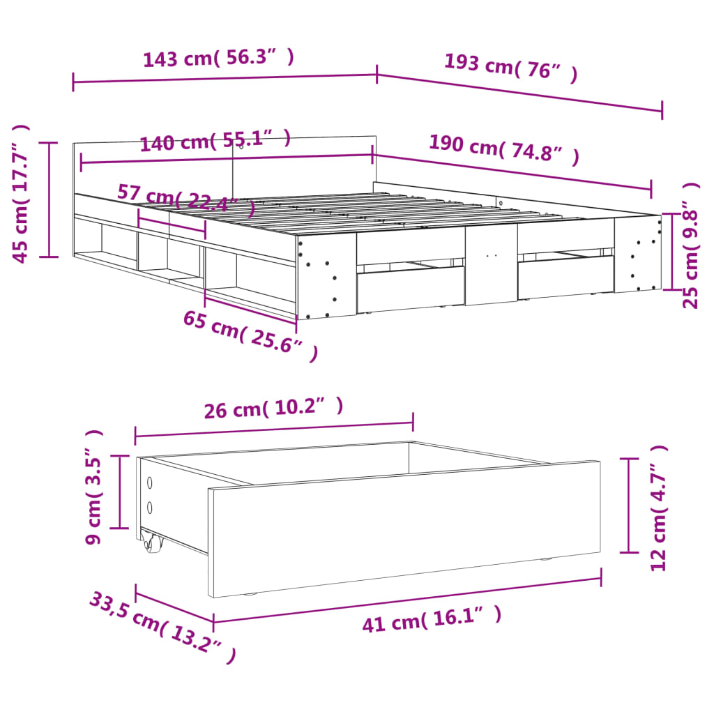 Sengeramme med skuffer røkt eik 140x190 cm konstruert tre