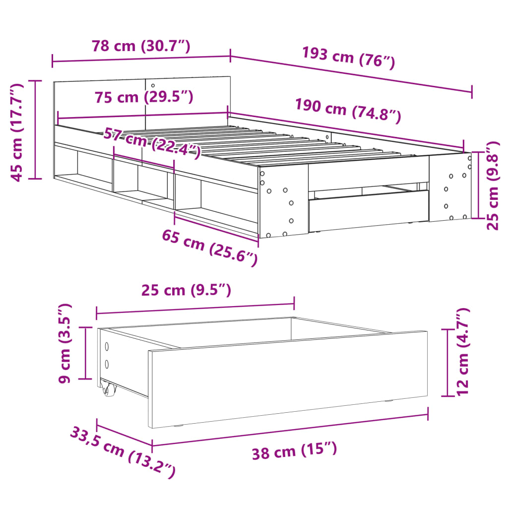 Sengeramme med skuff svart 75x190 cm konstruert tre