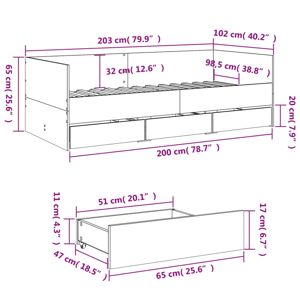 Dagseng med skuffer uten Madrass Hvit 100x200 cm