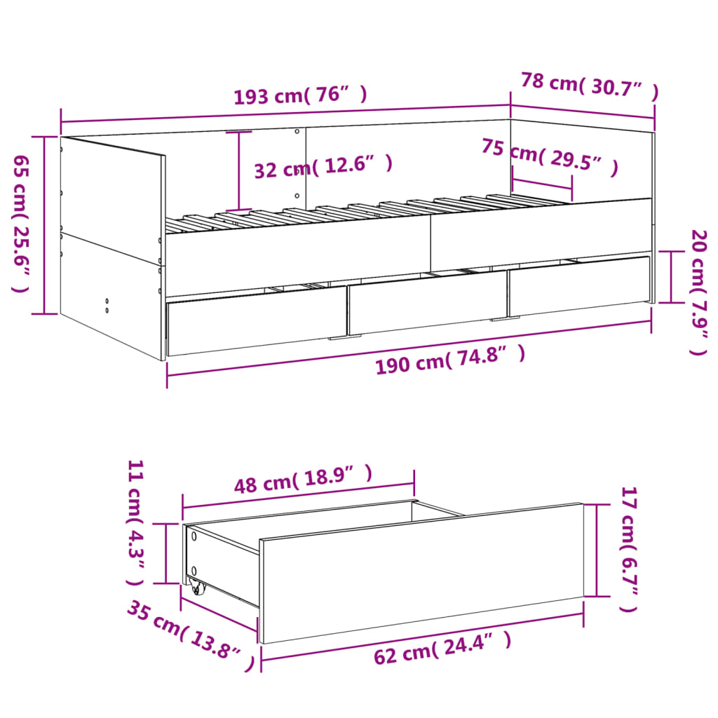 Dagseng med skuffer uten Madrass Hvit 75x190 cm