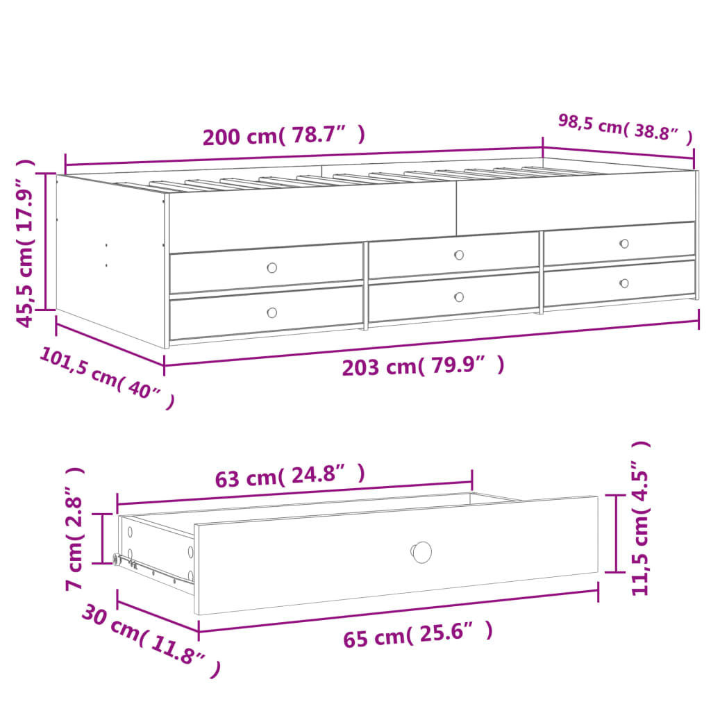 Dagseng med skuffer uten Madrass betonggrå 100x200 cm