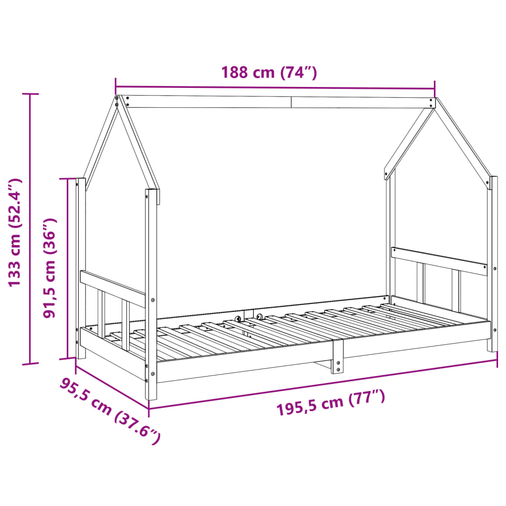 Sengeramme for barn voksbrun 90x190 cm heltre furu