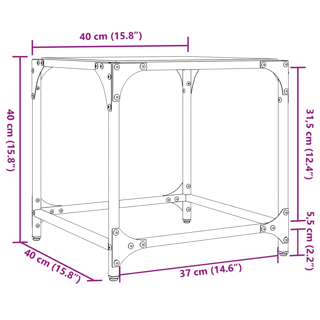 Sofabord med gjennomsiktig glassplate 40x40x40 cm stål
