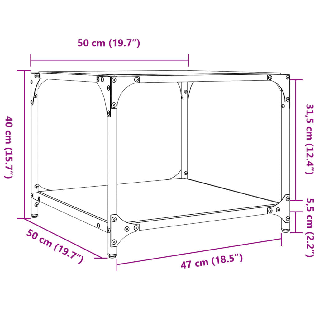 Sofabord med gjennomsiktig glassplate 2 stk 50x50x40 cm stål