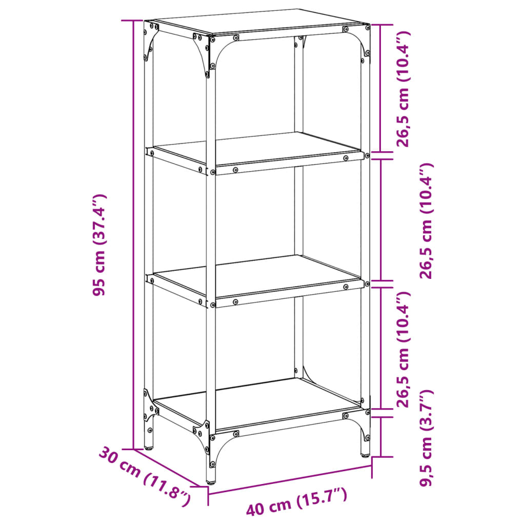 Hyller med gjennomsiktig glassplate 40x30x95 cm stål