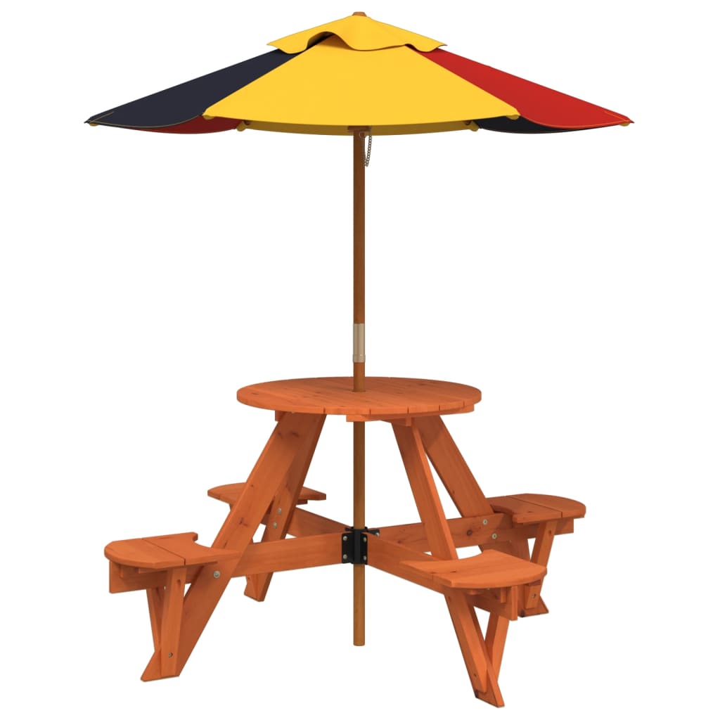Piknikbord for 4 barn med parasoll rund heltre gran