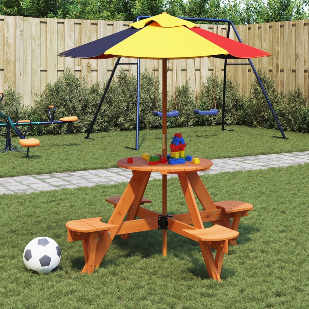 Piknikbord for 4 barn med parasoll rund heltre gran