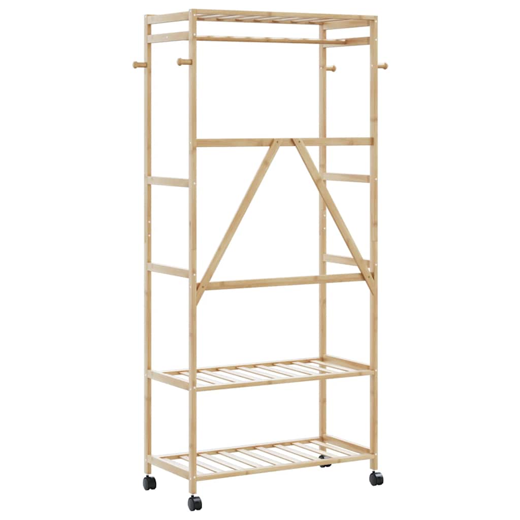 Klesstativ med hyller og hjul 90x40x179,5 cm bambus
