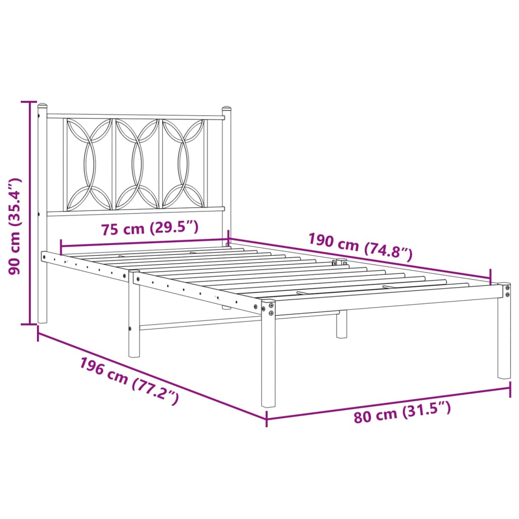 Sengeramme i metall uten madrass med hodegavl hvit 75x190 cm
