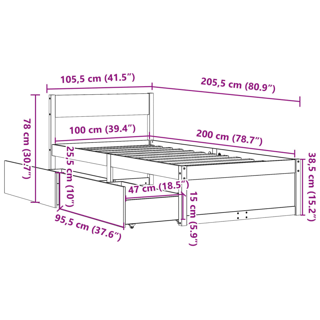Sengeramme uten madrass hvit 100x200 cm heltre furu