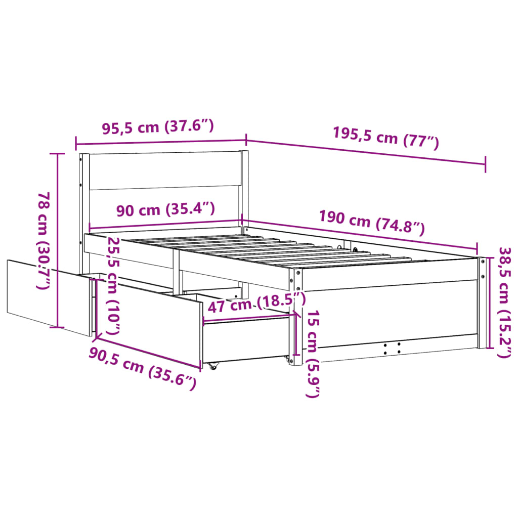 Sengeramme uten madrass 90x190 cm heltre furu