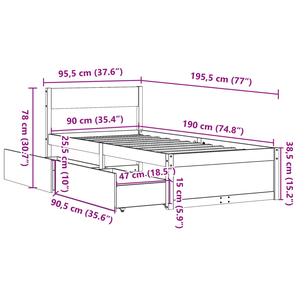 Sengeramme uten madrass voksbrun 90x190 cm heltre furu