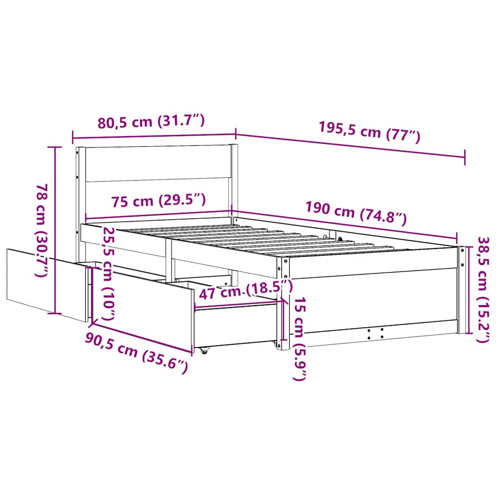 Sengeramme uten madrass hvit 75x190 cm heltre furu