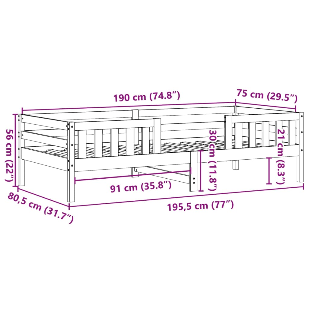 Sengeramme uten madrass voksbrun 75x190 cm heltre furu