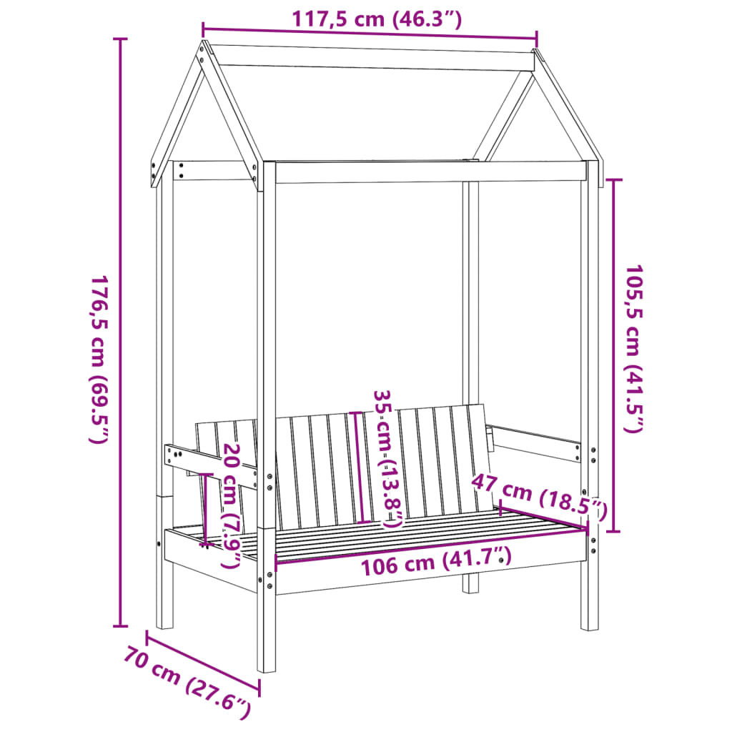 Benk med tak hvit 117,5x70x176,5 cm heltre furu