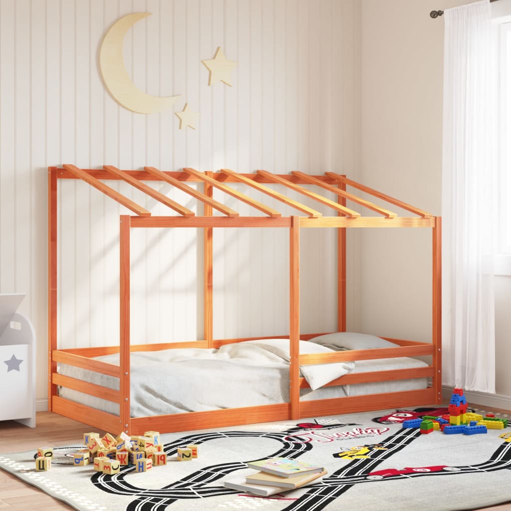 Barneseng med tak voksbrun 90x200 cm heltre furu