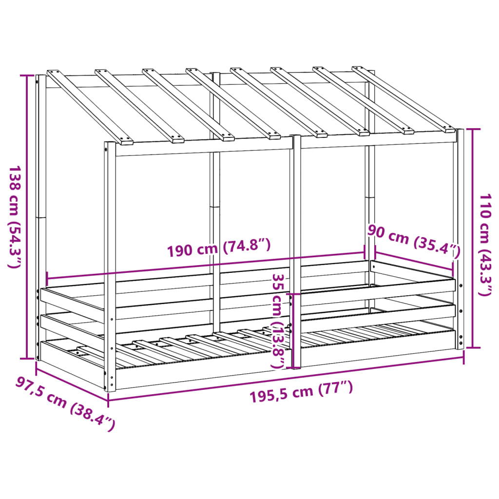 Barneseng med tak voksbrun 90x190 cm heltre furu