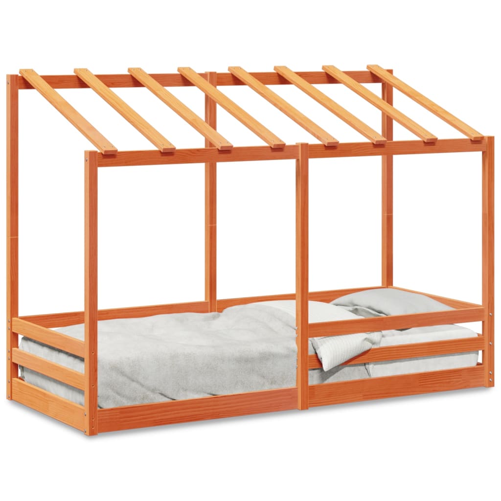 Barneseng med tak voksbrun 90x190 cm heltre furu