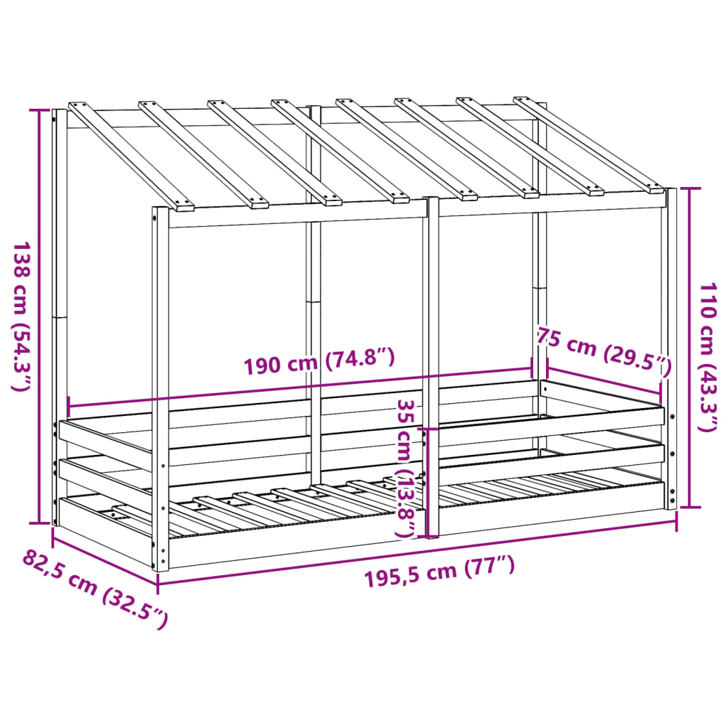 Barneseng med tak hvit 75x190 cm heltre furu