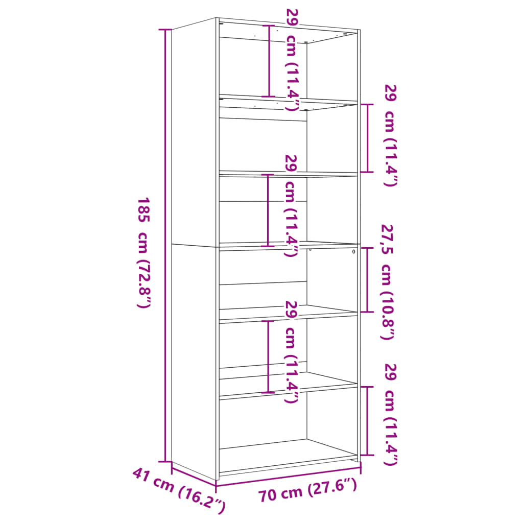 Hylle hvit 70x41x185 cm konstruert tre
