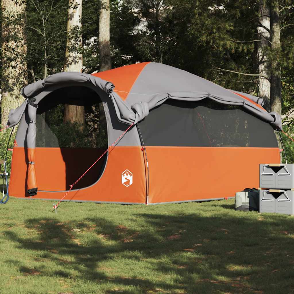 Tunneltelt for camping 6 personer grå og oransje vannavstøtende