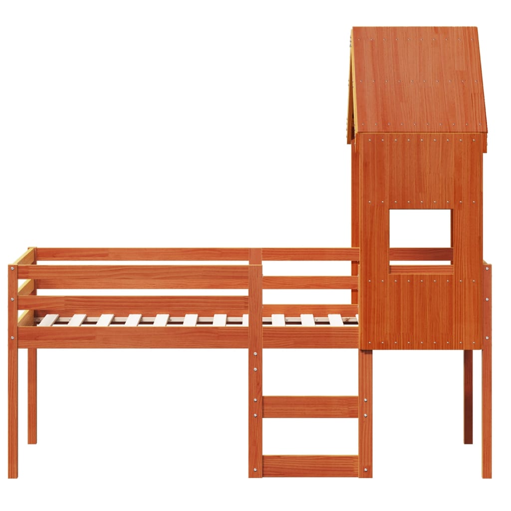Høyseng med tak voksbrun 90x190 cm heltre furu