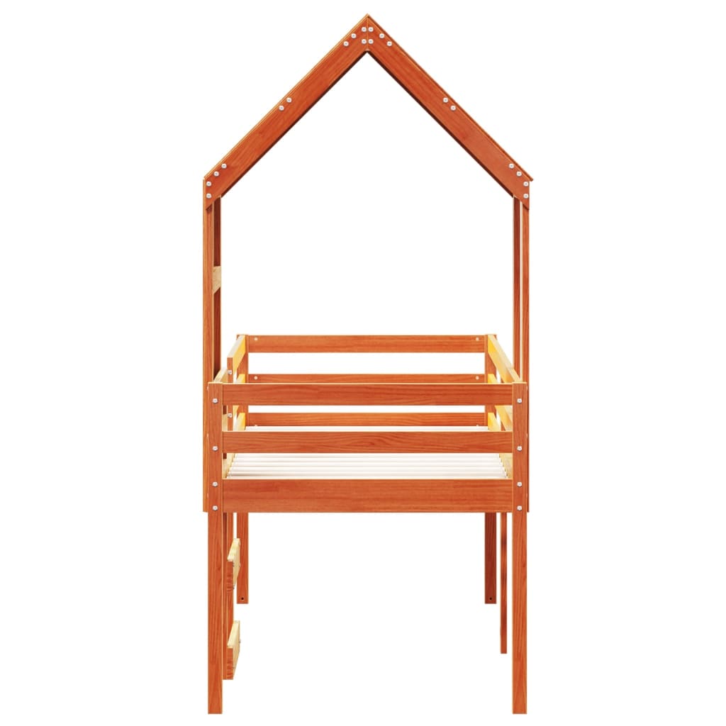 Høyseng med tak voksbrun 90x190 cm heltre furu