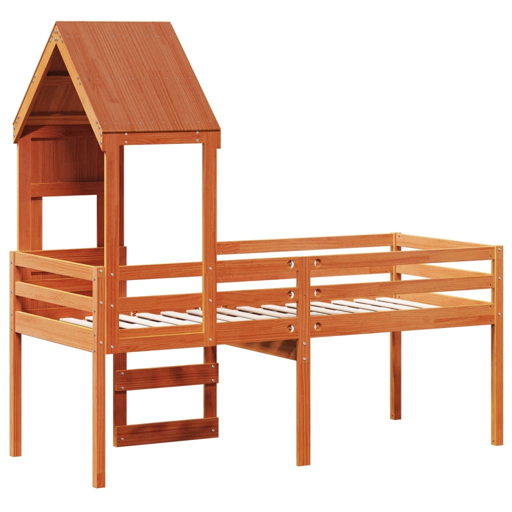 Høyseng med tak voksbrun 90x190 cm heltre furu